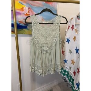 Ultra Pink Mint Green Embroidered Lace Sleeveless Top Fairy Boho Romantic Medium